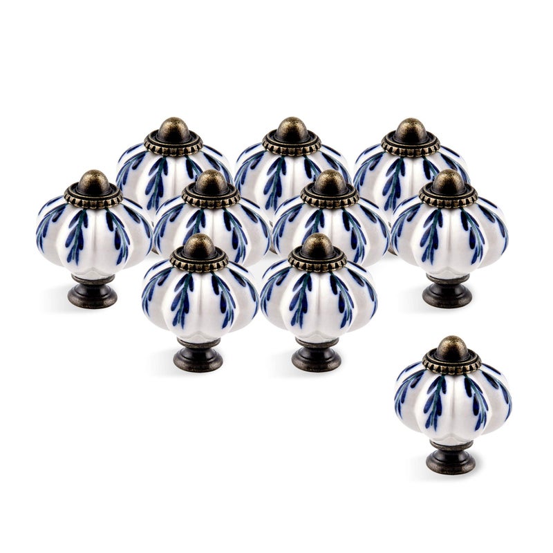 IEIK 10Pcs Pumpkin Ceramic Drawer Knobs, Dresser Knobs Vintage Door Pull Handles Retro Antique Floral Leaf Pattern for Furniture Drawer Dresser Cabinet with Screws (White/Blue) - Image 2